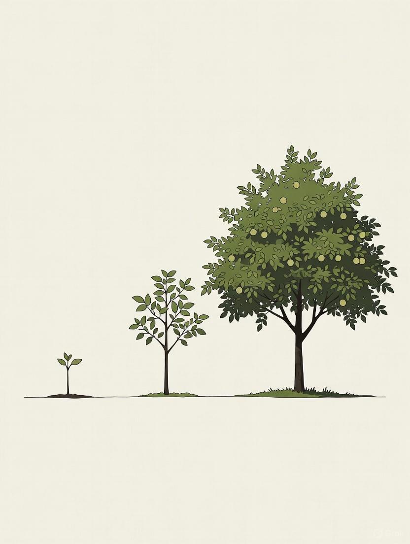 Tree growth illustration showing compounding over time - from seedling to mature tree